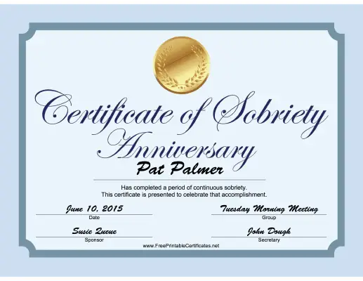 Sobriety Anniversary Certificate (Blue) certificate