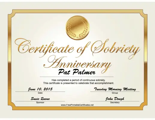 Sobriety Anniversary Certificate (Gold) certificate
