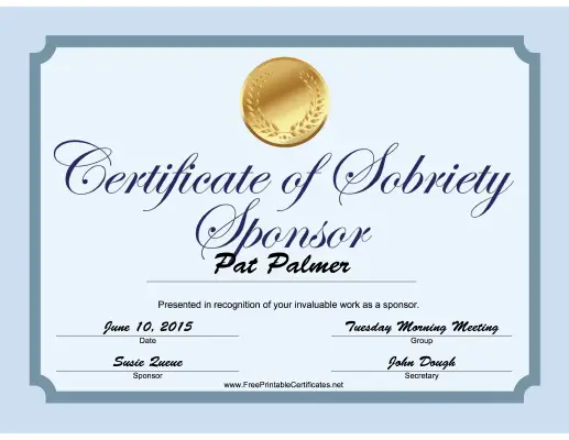 Sobriety Sponsor Certificate (Blue) certificate