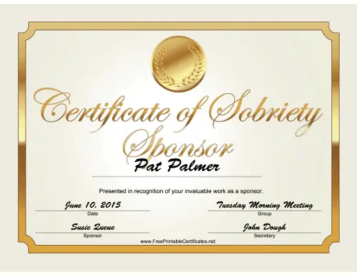 Sobriety Sponsor Certificate (Gold) certificate