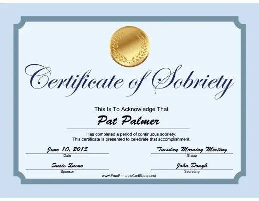 Sobriety Certificate (Blue) certificate