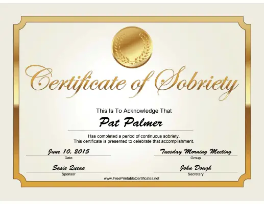 Sobriety Certificate (Gold) certificate