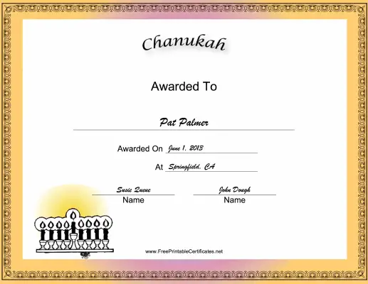 Chanukah Holiday certificate