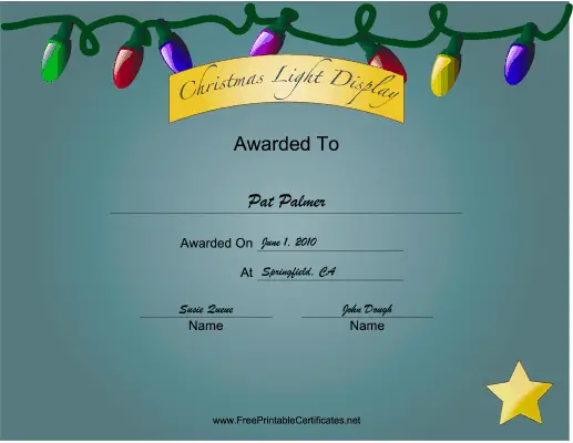 Christmas Lights 3rd Place certificate