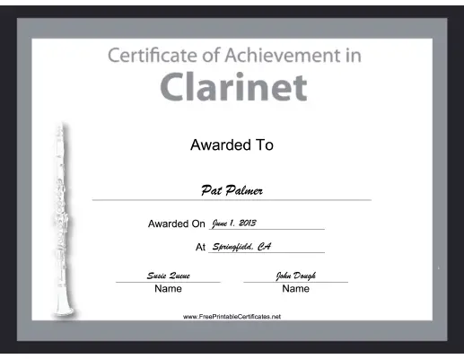 Clarinet Instrumental Music certificate