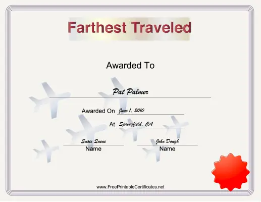 Farthest Traveled Class Reunion certificate