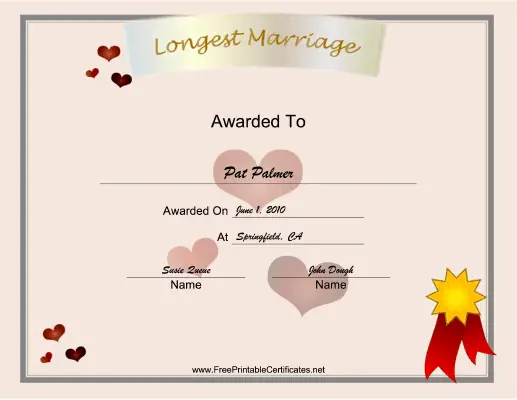 Longest Marriage Class Reunion certificate