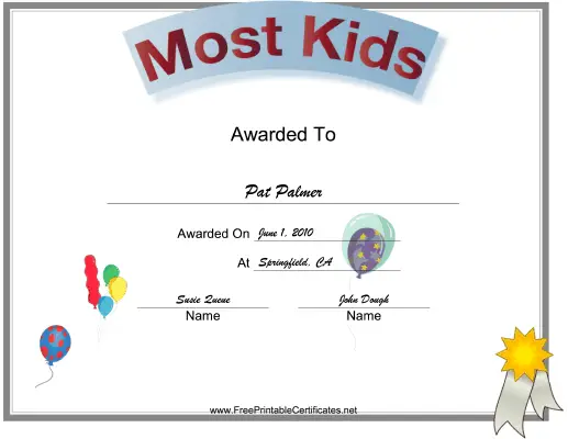 Most Kids Class Reunion certificate