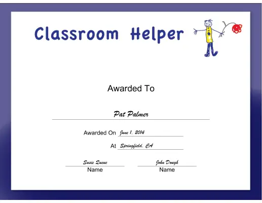 Classroom Helper Boy certificate