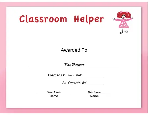 Classroom Helper Girl certificate