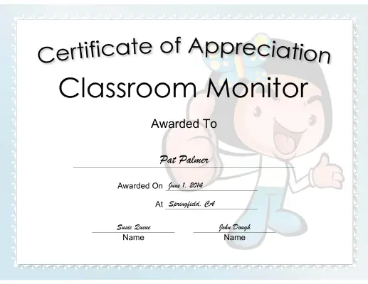 Classroom Monitor Appreciation Girl certificate