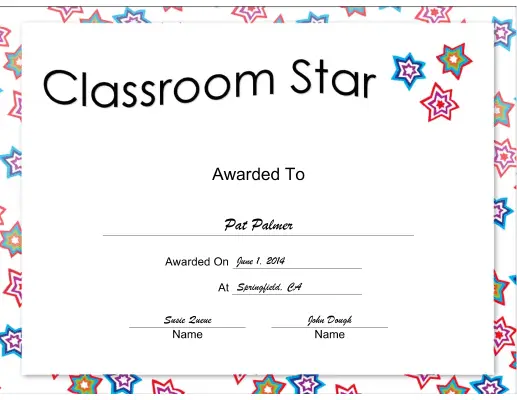 Classroom Star certificate