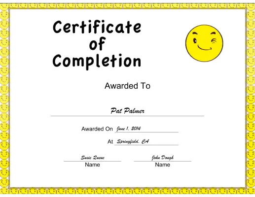 Yellow Smiley Completion certificate