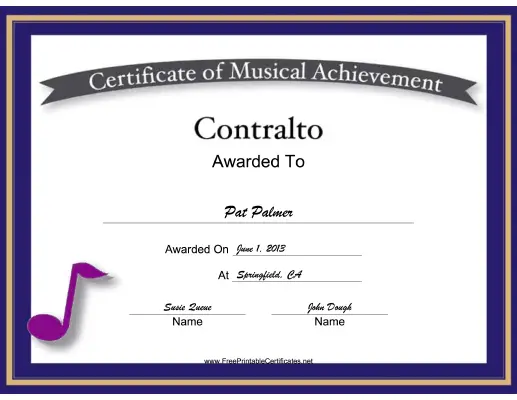 Contralto Vocal Music certificate