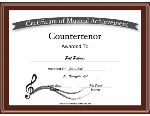 Countertenor Vocal Music certificate