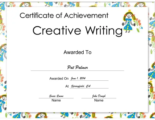 Creative Writing Achievement Princess certificate