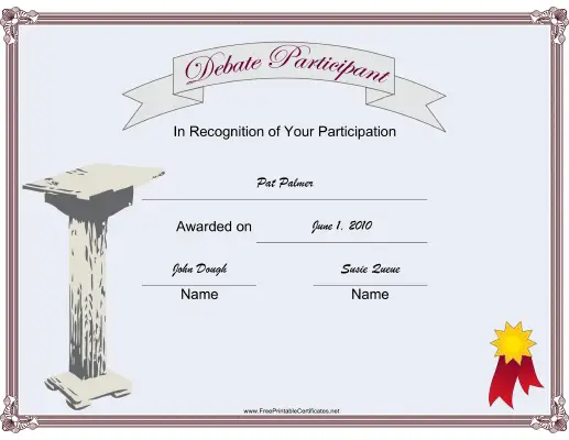 Debate Participant certificate