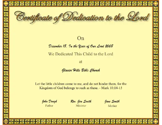 Dedication to the Lord certificate