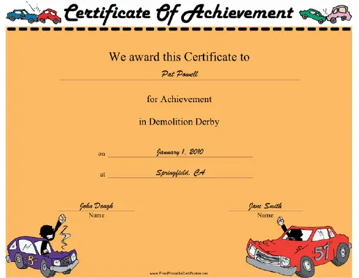 Demolition Derby certificate