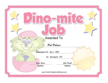 Dinomite Job Pink certificate