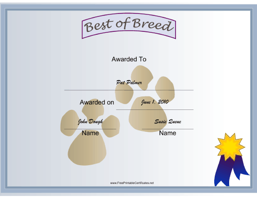 Best of Breed Dog certificate