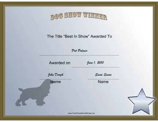 Dog Show Winner certificate