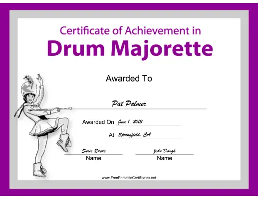 Drum Majorette Instrumental Music certificate