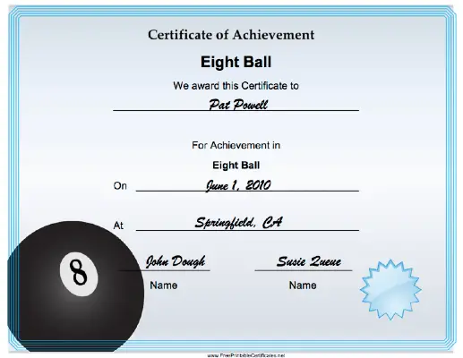 Eight Ball Achievement certificate