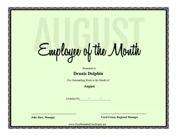 Employee Of The Month August certificate