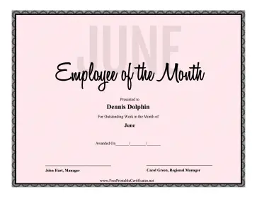 Employee Of The Month June certificate