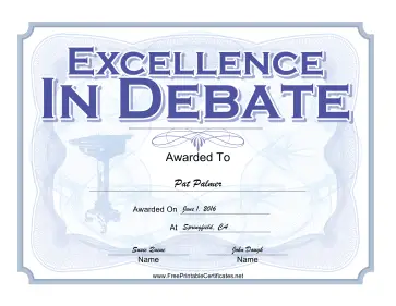 Excellence In Debate certificate