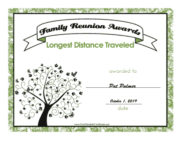 Family Reunion Longest Distance certificate