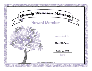 Family Reunion Newest Member certificate