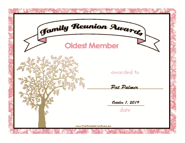 Family Reunion Oldest Member certificate