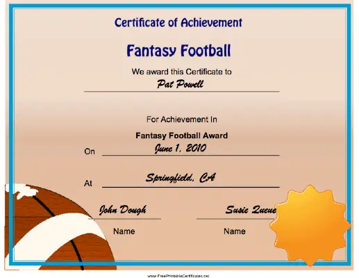 Fantasy Football Achievement certificate