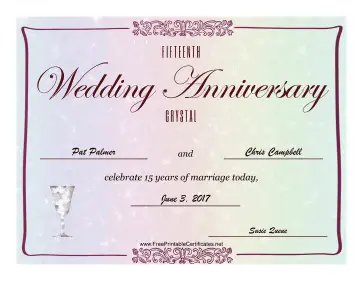 Fifteenth Wedding Anniversary certificate