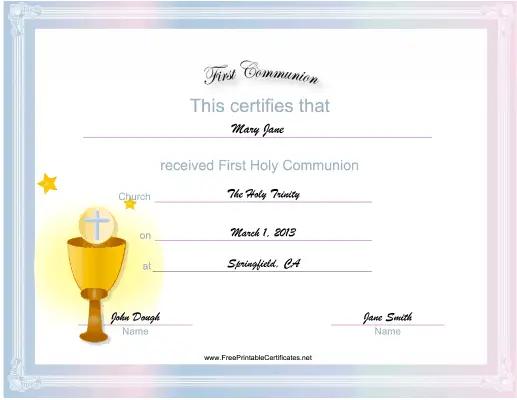 First Communion certificate