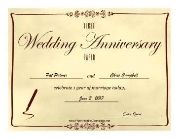 First Wedding Anniversary certificate