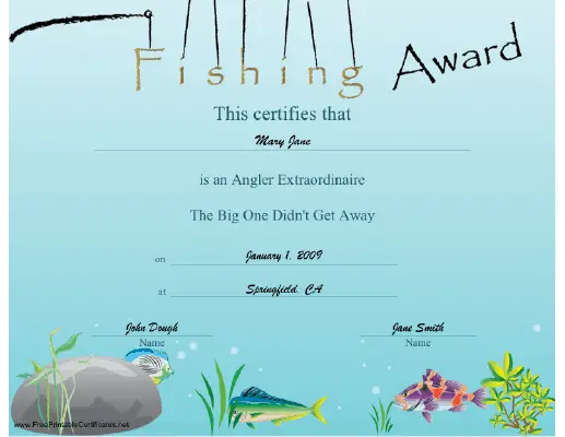 Fishing Award certificate