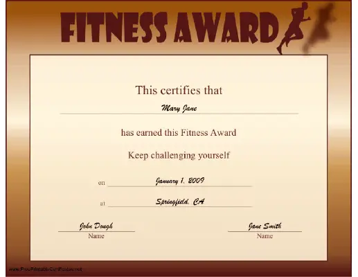 Fitness Award certificate
