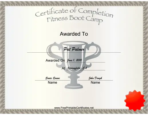 Fitness Boot Camp certificate