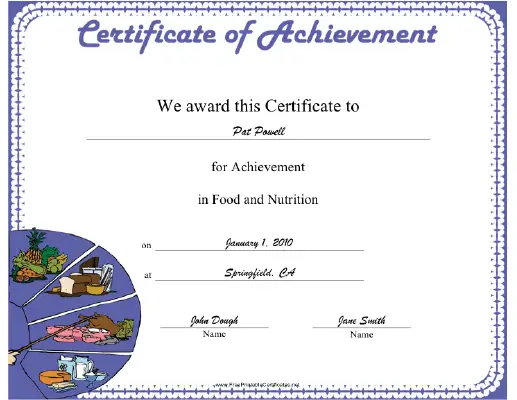 Food and Nutrition certificate