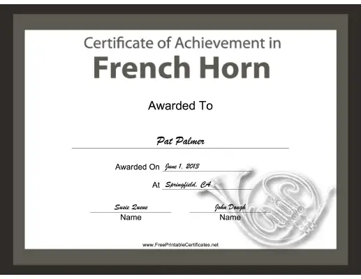 French Horn Instrumental Music certificate