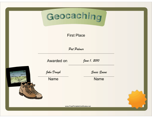 Geocaching First Place certificate