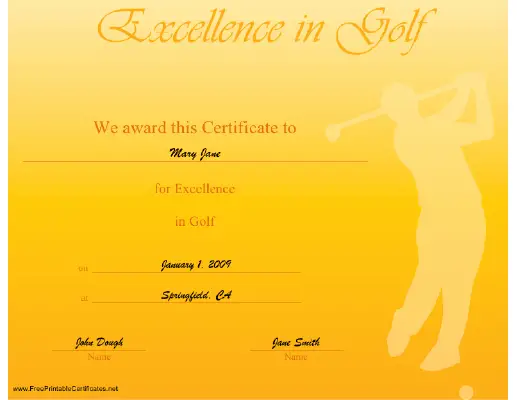 Excellence in Golf certificate