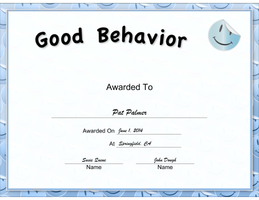 Blue Smiley Good Behavior certificate
