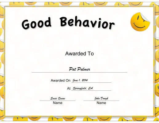 Yellow Good Behavior certificate