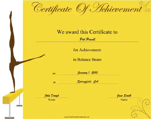 Gymnastics Balance Beam certificate