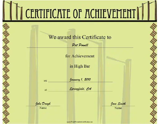 Gymnastics High Bar certificate