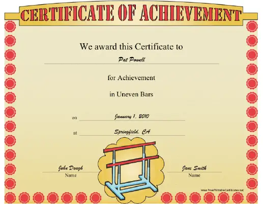 Gymnastics Uneven Parallel Bars certificate